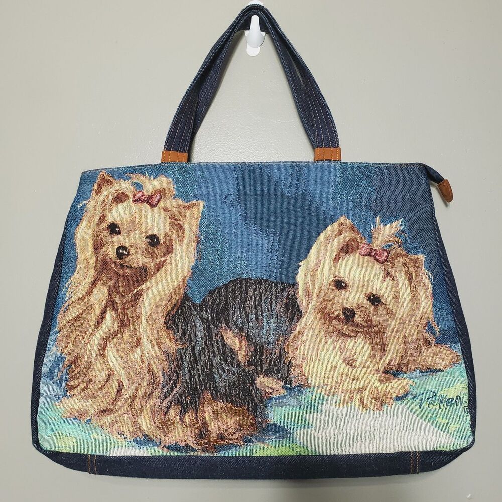 Think Bee Linda Picken Yorkie Tote Bag Yorkshire Terrier Tapestry Denim 16 X 12